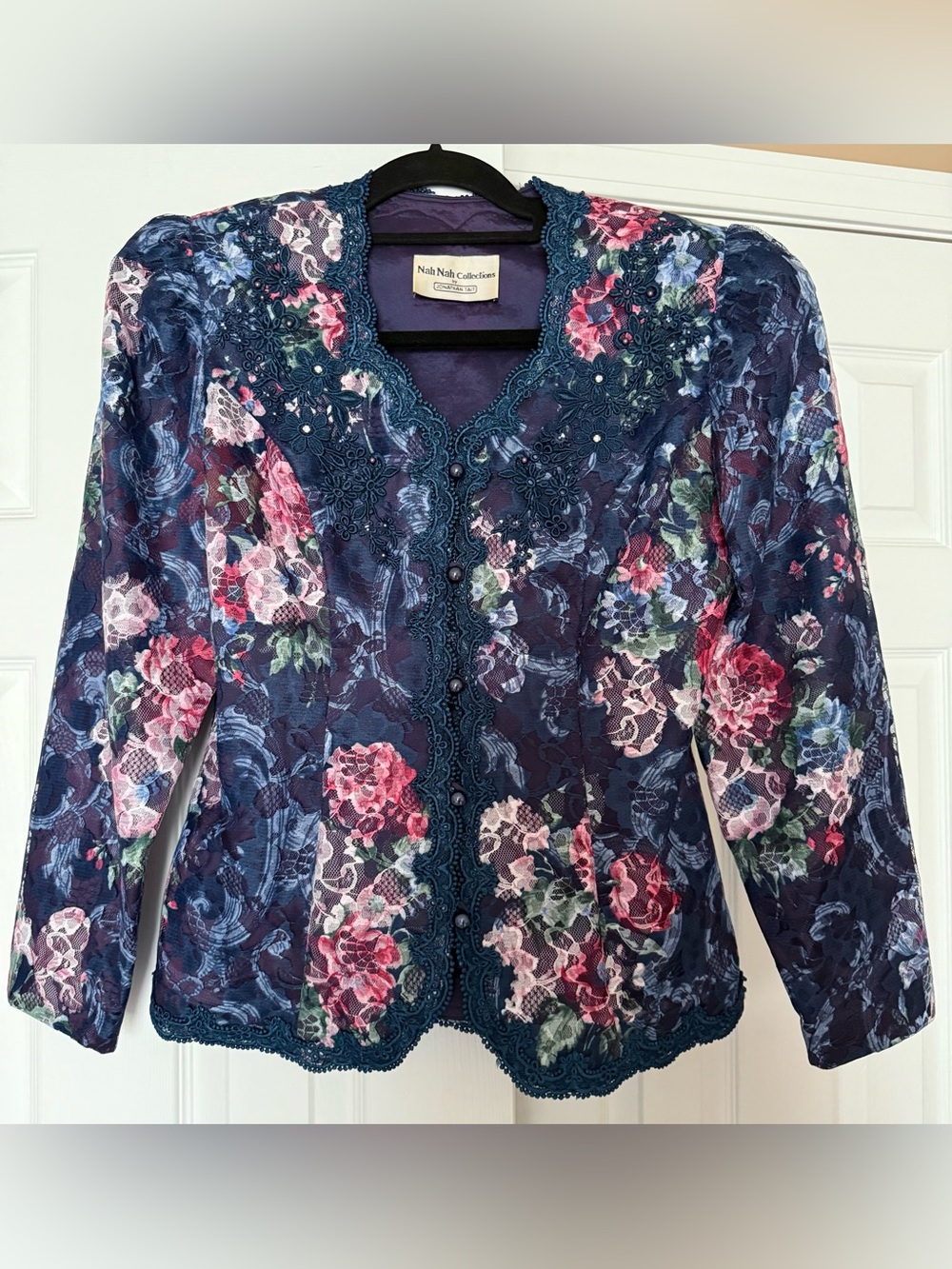 VTG Nah Nah Jonathan Tait Floral Navy Lace Jacket Pink & Green Accents
